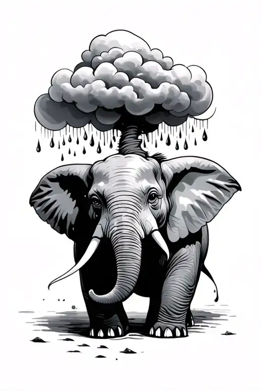 Depressed Elephant With A Rain Cloud Up Top And Raindrops