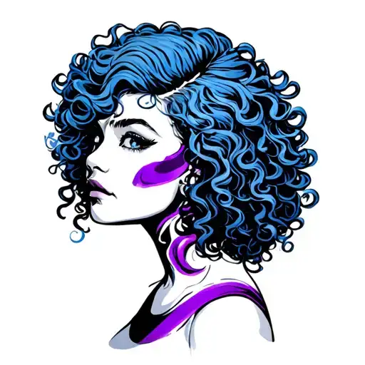 Girl With 3B Blue Raven Curly Hair And Bright Purple Skunk Stripes