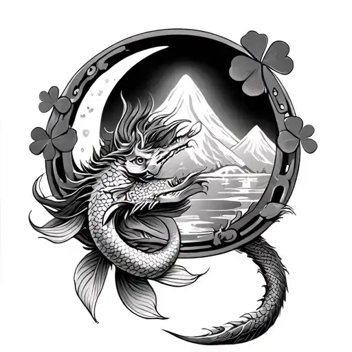 4 Leaf Clover Koi Fish And Dragon Horseshoe Nature Sun Moon Mountain Intertwined