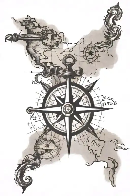 Old World Map With Compass Point And Anchor Intertwined