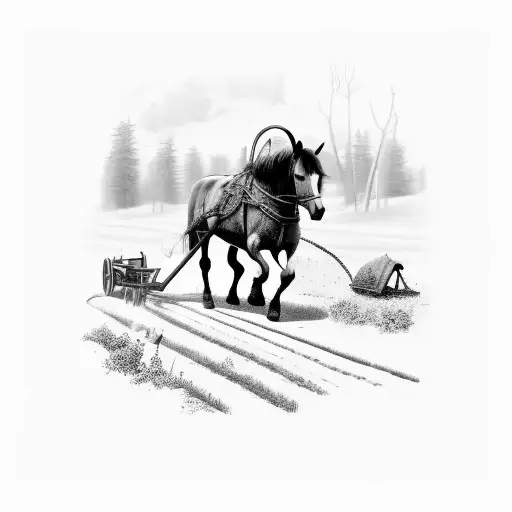 A Homesteading Scene With A Horse Pulling A Plow In A Black-grey Style