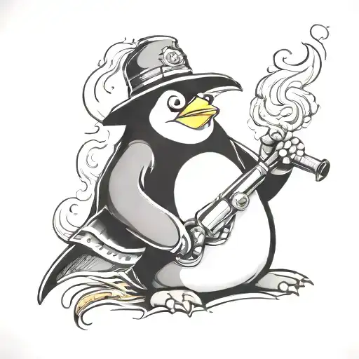 Penguin Smoking A Cigarette With Firefighter Healmet