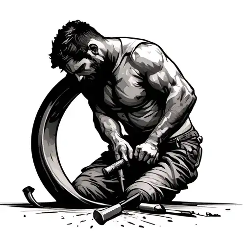 Shadow Of A Man Working With Hammer And Chisel On A Ring