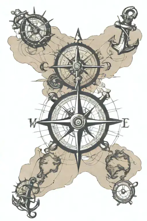 Old World Map With Compass Point And Anchor Intertwined