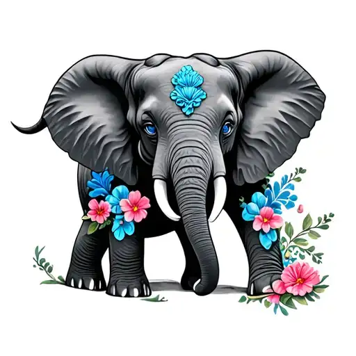Elephant With Blue Eyes And Blue And Pink Flowers