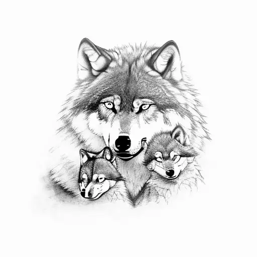 A Protective Father Wolf Watching Over His Two Wolf Cubs In A Moonlit Forest