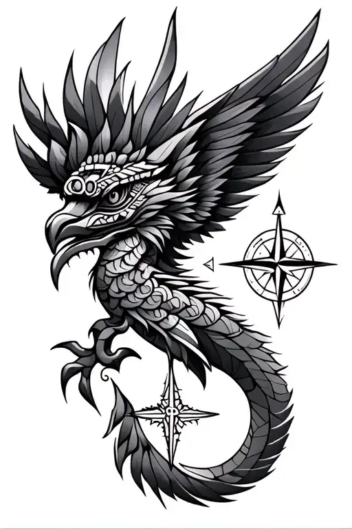 Geometric Style Aztec Quetzalcoatl With Compass Intertwined