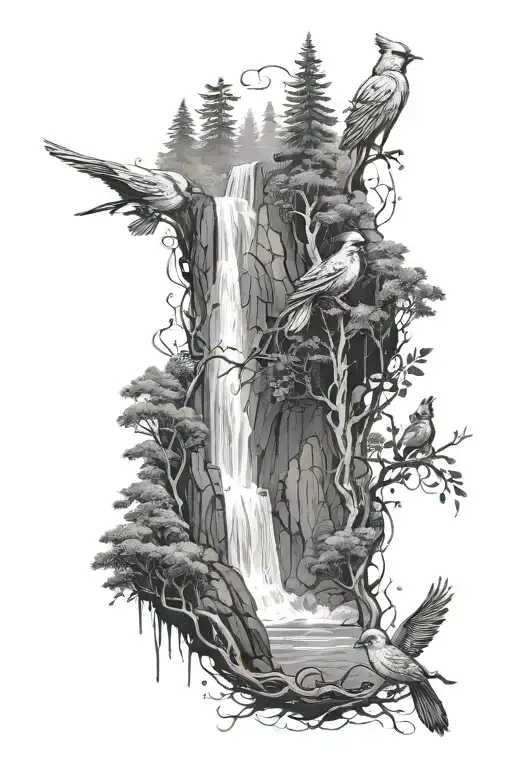 A Breathtaking Waterfall Flowing Through A Dense Forest With A Cardinal Flying Overhead