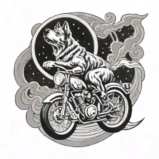 A Black-grey Tattoo Of A Dog Howling At The Moon While Sitting On A Motorcycle Seat