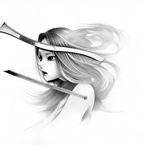 Beautiful Cybergirl With Long Hair With Japanese Katana