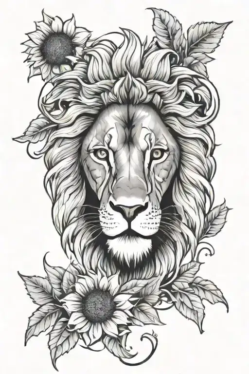 Lion Face With Sunflower Surrounded