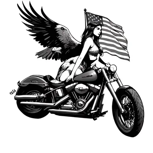 American Flag Flying Eagle Hot Girl Sitting On A Harley Davidson V-rod Motorcycle
