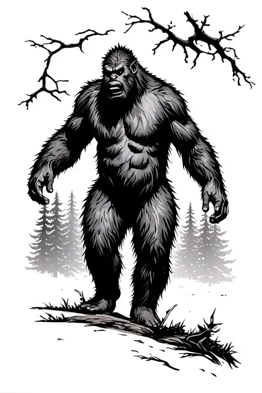 Big Foot Silohette Walking In The Forest Scene
