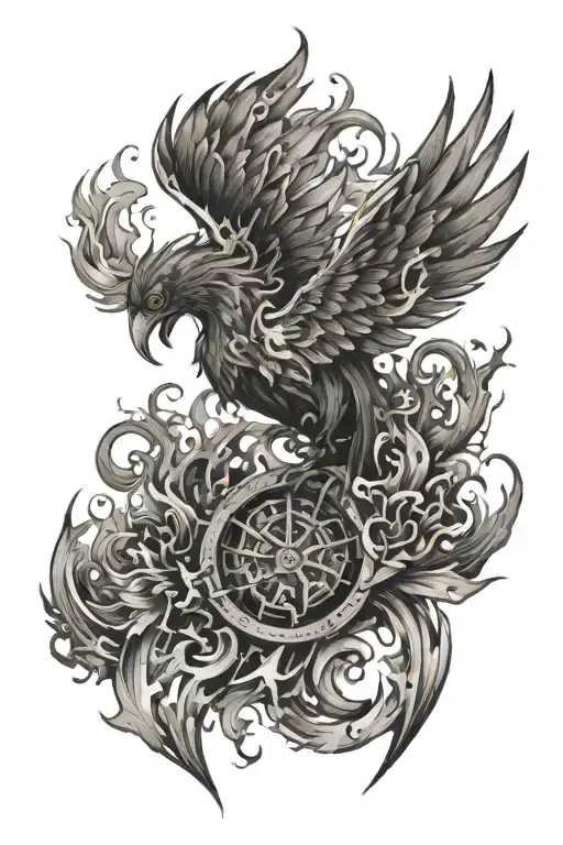 A Tattoo Featuring A Fire With Wings Made Of Sketches And Design Elements