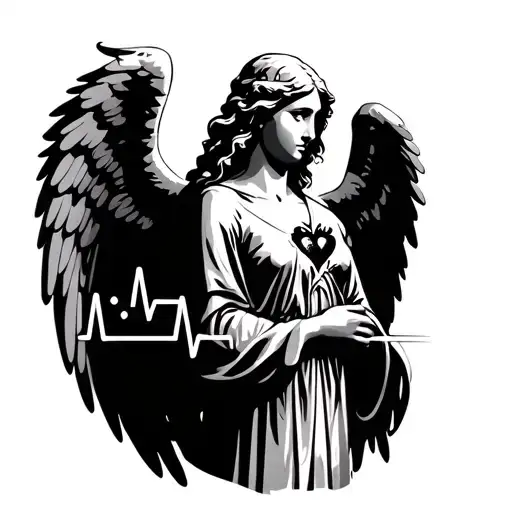 Guardian Angel Outline With Heartbeat Line And Wings