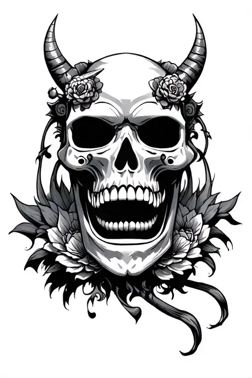 Skull With Japanese Oni Mask