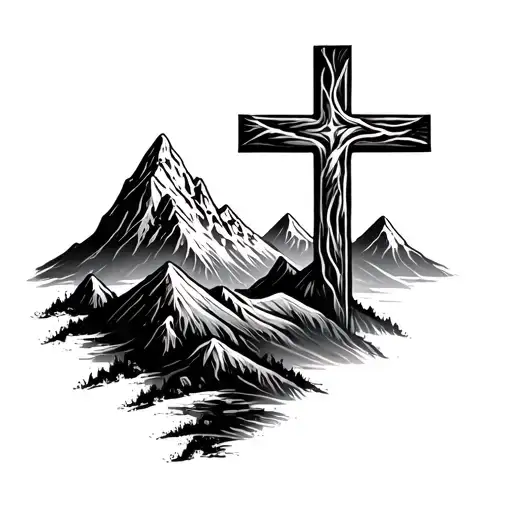 Cross With Mountain And Valley Brush Stroked