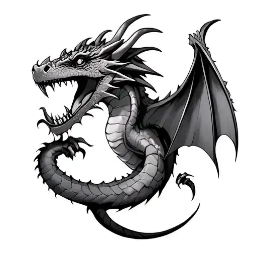 Realisic Dragon Sketch Style Tattoo With Sharp Teeth And Sharp Horns And Sharp Scales