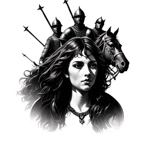 Woman Face Portrait Fading Up Into Knights On Horseback