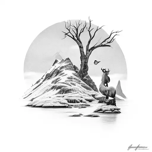 A Black-grey Tattoo Depicting A Serene Nature Scene Inspired By Scotland's Landscapes