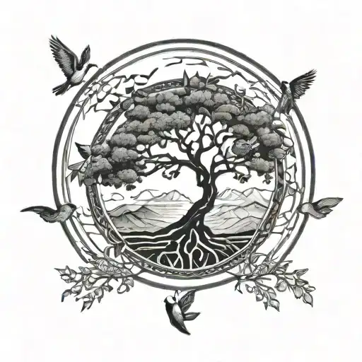 Tree Of Life In Circle With Mountains And Birds Flying