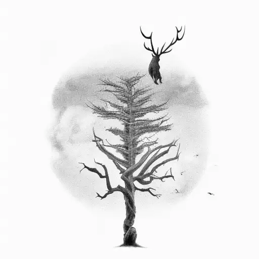 Large Old Dead Tree With A Minotaur And A Nautical Theme