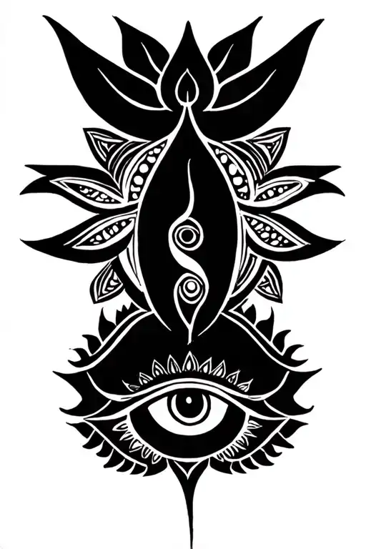 Trishul On Top And Lotus And Unalome And Evil Eye In A Minimal Linear Line