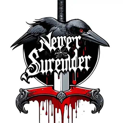 Sword With Blood Dripping Text Saying Never Surrender Gothic Theme With A Crow