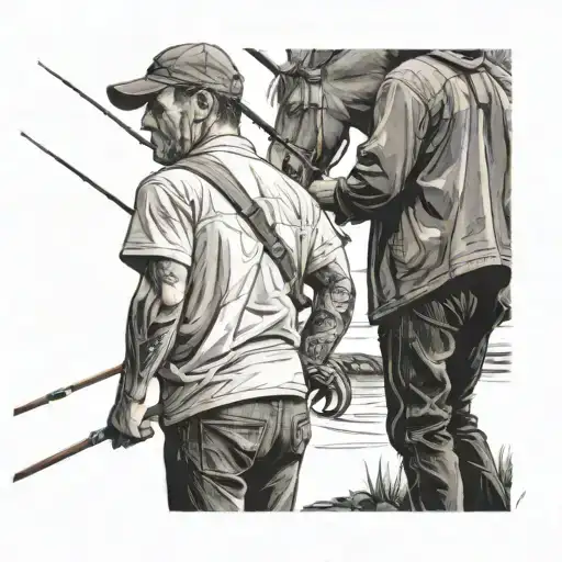 Father And Son Fishing And In The Background Horses