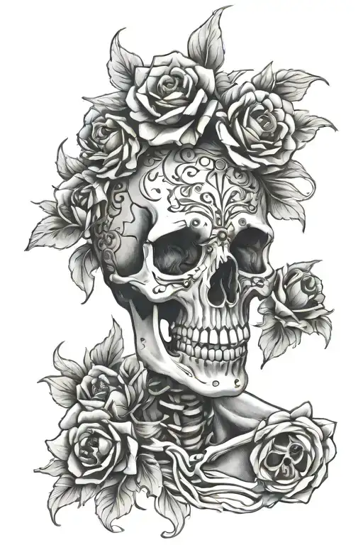 Skeleton And Flowers Intertwined