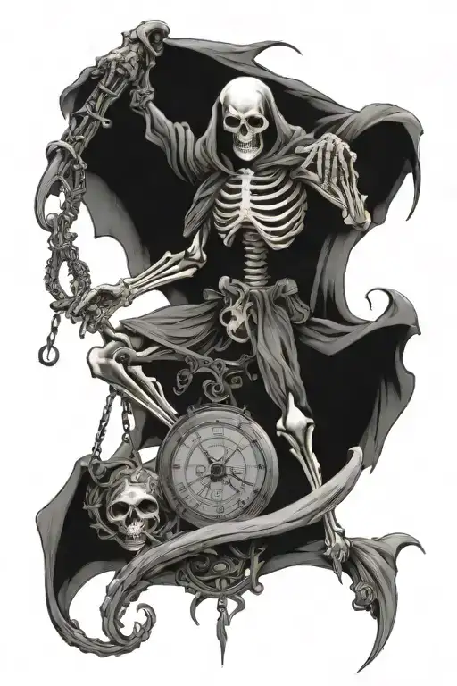 Skeleton Reaper Holding Scales Surrounded By Dragon