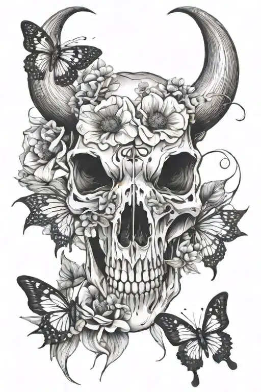 Feminine Bull Skull With Poppy Flowers & Gladious With A Butterfly