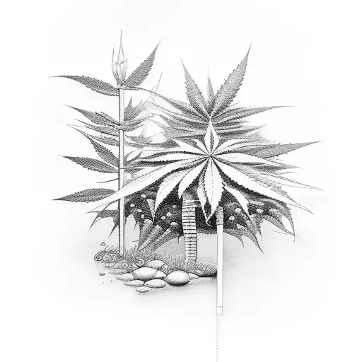 A Dotwork Tattoo Of A Serene Nature Landscape With Marijuana Plants Subtly Incorporated