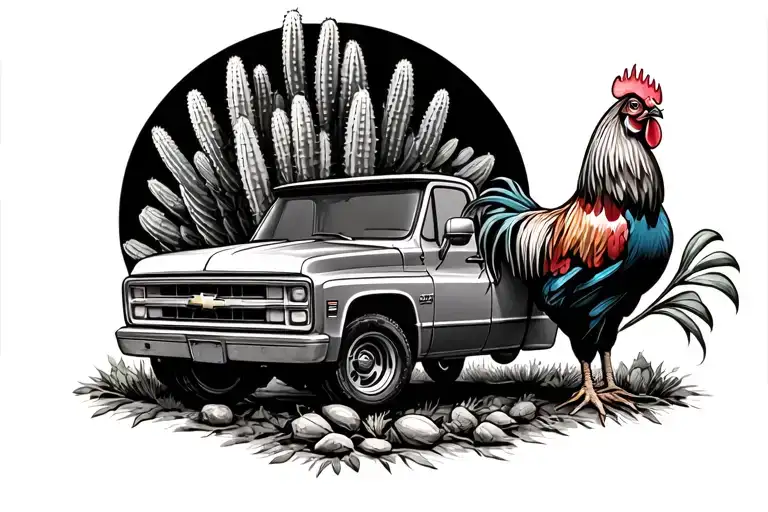 Rooster And A Chevy C10 Truck In The Background Surrounded By Nopales