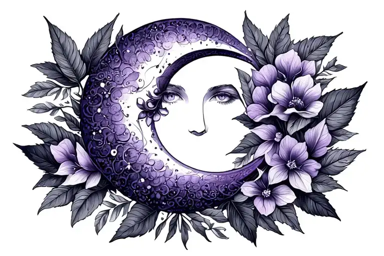 Violet With Botanical Leaves And A Crescent Moon
