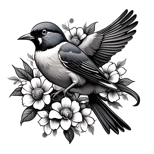 Bird Holding A Ribbon In Its Beak Surrounded By Flowers