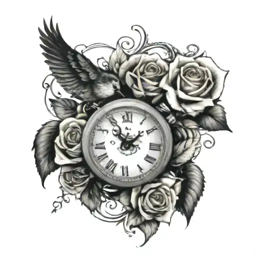 A Black And Grey Tattoo Of Roses And A Watch Surrounded By Birds
