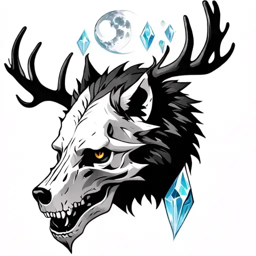 Wolf Skull With Antlers A Triple Moon And Crystals