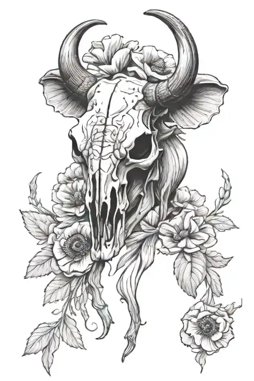 Bull Skull With Poppy Flower Growing