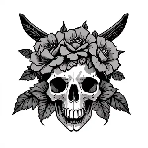 Western Style Animal Skull Tattoo With Flowers