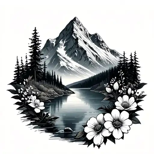 Mountain And A Lake Mixed With Flowers Dainty