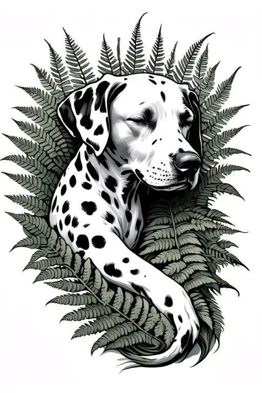 Dalmation Dog Sleeping Among Fern Plants