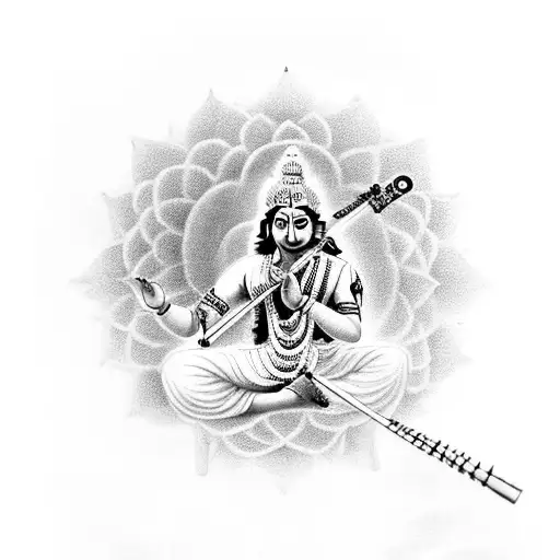 A Majestic Portrait Of Lord Krishna Playing The Flute Amidst A Field Of Lotus Flowers