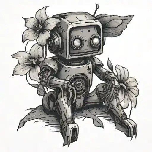 Sad And Broken Robot With A Flower Growing Out Of Its Head Sitting Down On The Floor