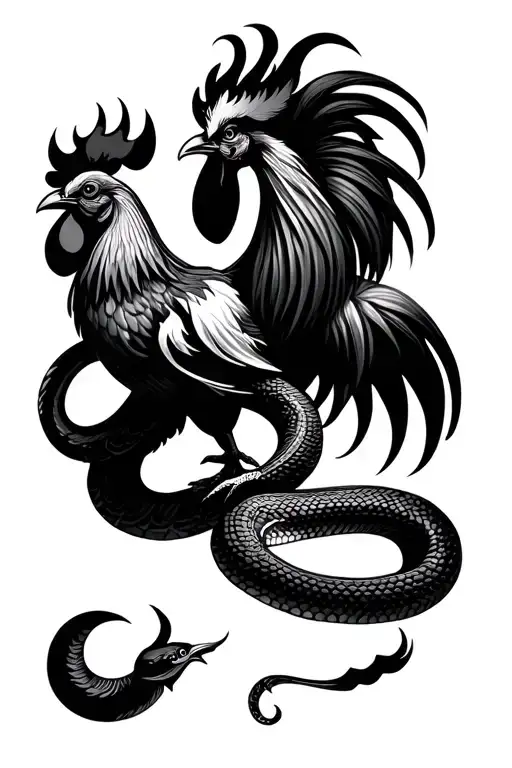 Tattoo Of Chinese Zodiac Signs Rooster And Snake Intertwined