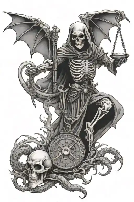 Skeleton Reaper Holding Scales Surrounded By Dragon