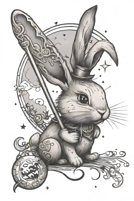 A Bunny Rabbit And A Moon With A Face And A Magic Wand