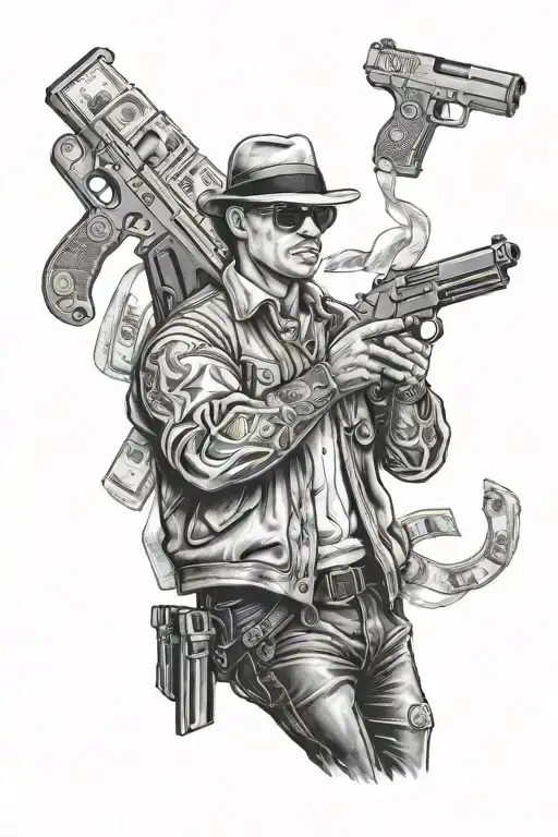 Realistic Gangster Holding Guns Money Drugs