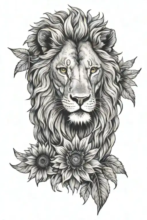 Lion With A Sunflower And White Dove Flying