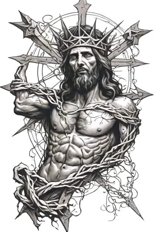 Full Body Jesus On The Cross With Crown Of Thorns And A Wound On His Side From The Spear Of Destiny